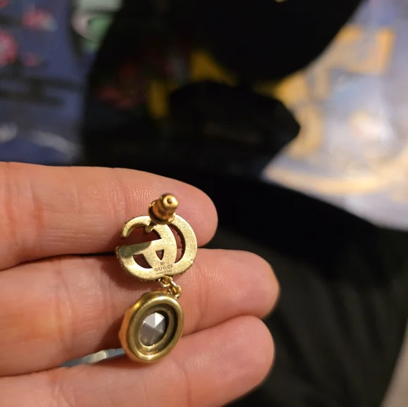 USED...Gucci Gold With Red Gemstone Drop Earrings With Crystals - Picture 2 of 3